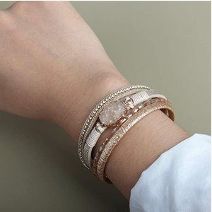 BOHO Stacked Leather & Druzy Quartz Wrap Cuff Bracelet